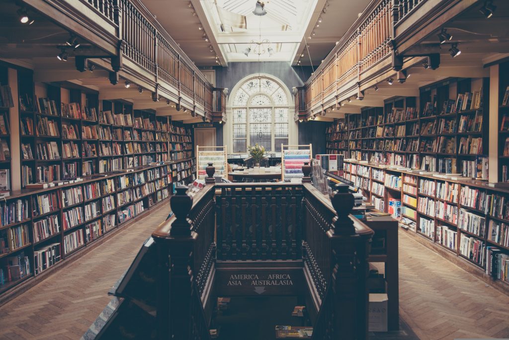 a library with multiple floors