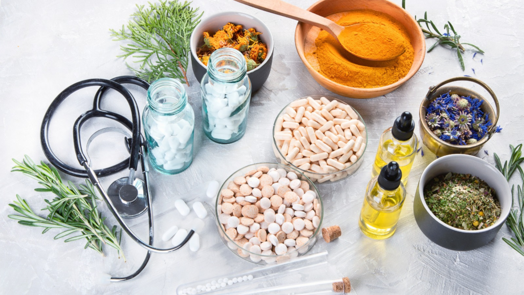 a menagerie of different holistic medicinal herbs, pills and oils