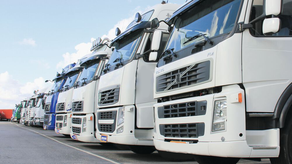 a group of white lorries in a line for sale